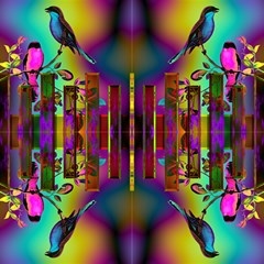 Birds On A Glass Fence 3 Glowing Sky By Paysmage Fabric