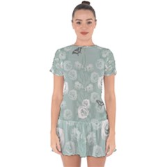 Rose bouqet green t-shirt volang - Drop Hem Mini Chiffon Dress
