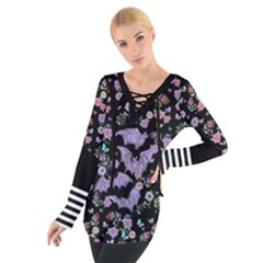 Long Sleeve Shirt Bats Blooms Bugs Blooms Lace-up Stripes  - Tie Up T-Shirt