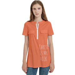 Women s Zip Front V-Neck Short Sleeve Casual Top Pocket Shirt