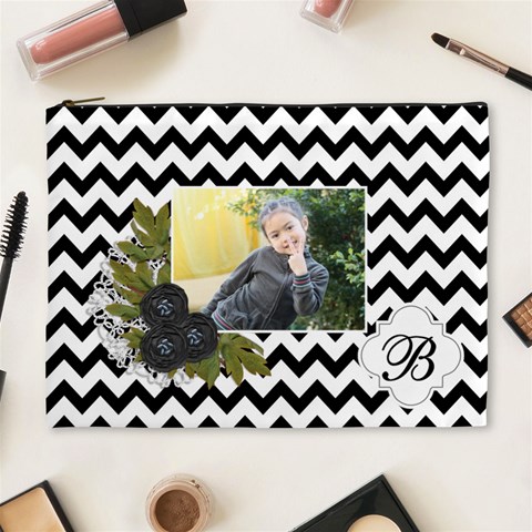 Cosmetic Bag (xl): Black Chevron By Jennyl Front
