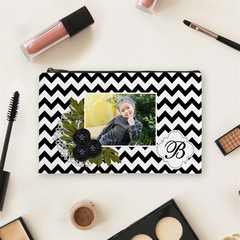 Cosmetic Bag (m):  Black Chevron By Jennyl Front