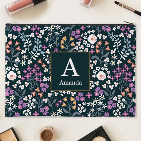 Personalized Floral Pattern Initial Name Cosmetic Bag By Joe Back
