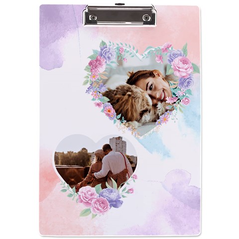 Personalized Heart Flower Frame Photo A4 Acrylic Clipboard By Katy Front