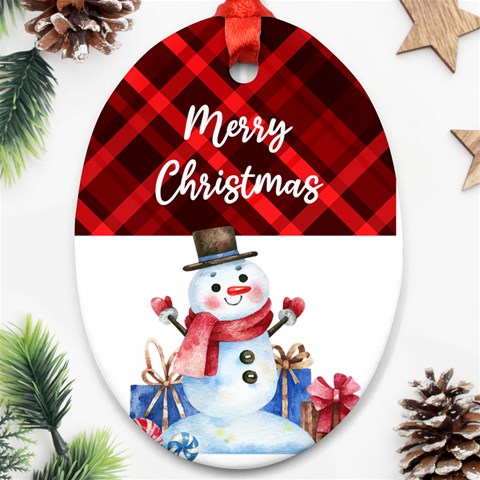 Personalized Checked Pattern With Snowman Name Any Text Oval Ornament (two Sides) By Katy Back