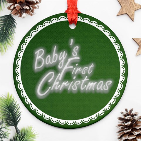 Baby s First Christmastraditional Green & White Round Ornament By Catvinnat Front