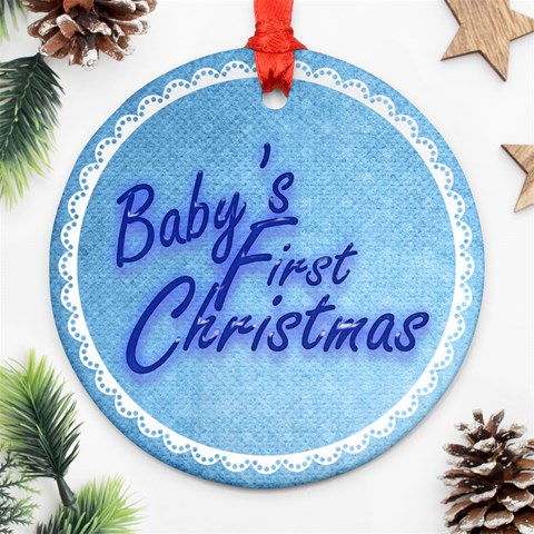 Baby s First Christmas Blue & White Round Ornament By Catvinnat Front