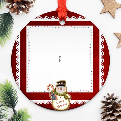 White Lace Red I Love Snow Christmas Round Ornament By Catvinnat Front