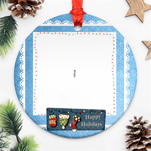 White Laceblue Happy Holidays Christmas Round Ornament By Catvinnat Front