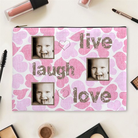 Pink Hearts Live, Laugh, Love Extra Large Cosmetic Bag By Catvinnat Front