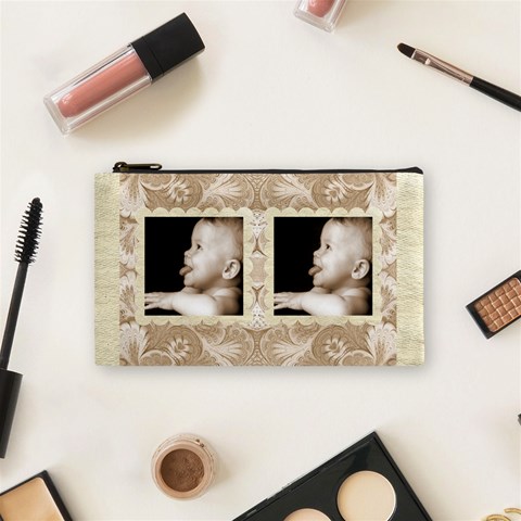 Taupe Damask Small Cosmetic Bag By Catvinnat Front