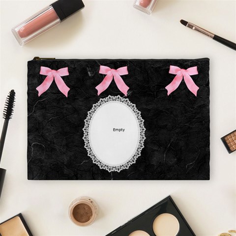 Black & Pink Bow Lg Cosmetic Bag By Kim White Front