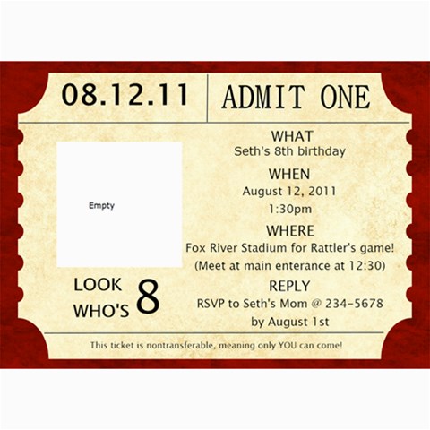 Baseball Ticket Birthday Invite By Lana Laflen 7 x5  Photo Card - 10