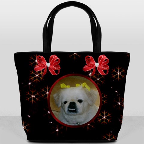Snowflakes On Black Bucket Bag By Kim Blair Front