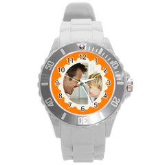 Orange/White Photo Frame Watch - Round Plastic Sport Watch (L)