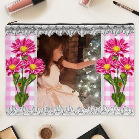 Pink Gingham And Pearl Trim Cosmetic Bag (xxxl) 2 Sides By Kim Blair Front