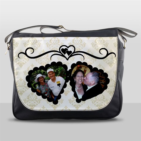 Black And White Double Heart Messenger Bag By Kim Blair Front