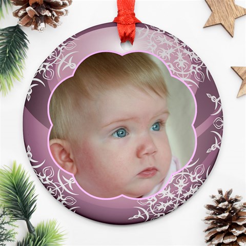 Pink Christmas Ball Ornament Round By Deborah Front