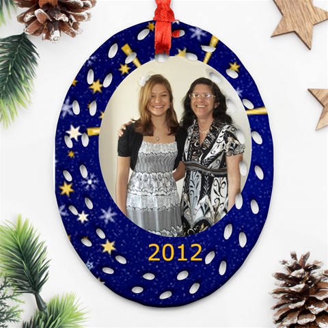 Blue And Gold Star Oval Filaagree Ornament  One Side By Kim Blair Front